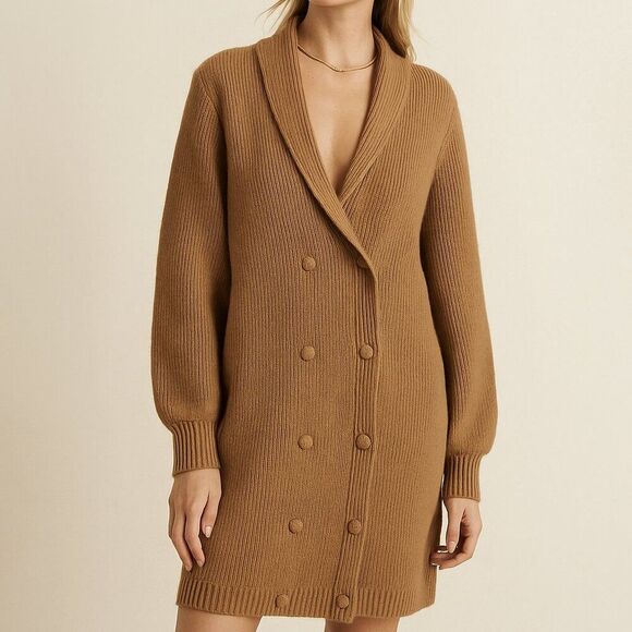 Anthropologie Flat White Sweater Ribbed Knit Mini Cardigan Sweater Camel Dress M - Picture 10 of 10